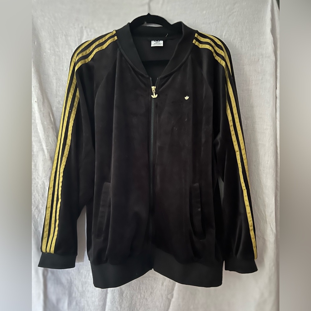 Adidas Primegreen black velour, gold stripes, gold hardware jacket M